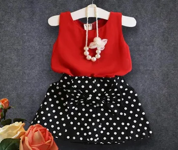 Saldus mergaičių drabužiai Madingi kropkowany sijonai nustatyti Raudona marškinėliai Taškų suknelė su bowknot Naujųjų Metų Dovana suknelė rinkinys