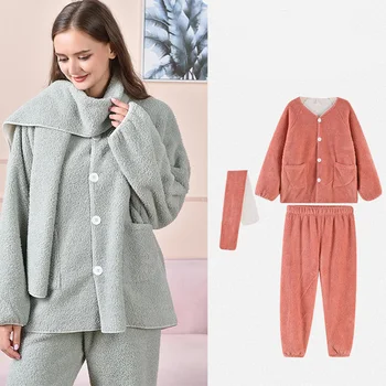 Sutirštės Žiemos naktiniai drabužiai Sleepwear 3Pcs Miego Kostiumas Pižama Nustatomi Laisvi Atsitiktinis Namų Drabužius ilgomis Rankovėmis Spausdinti Lounge Homewear