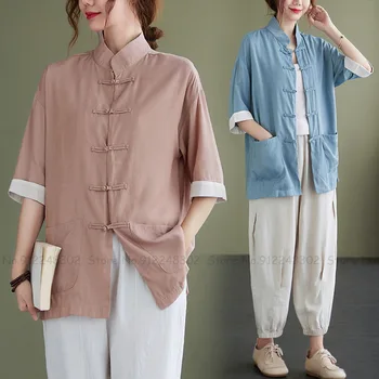 Tradicinės Kinų Viršūnes Moterų Cheongsam Hanfu Marškinėliai Tango Chi Kung Fu Zen Arbatos Cardigan Rytų Mados Streetwear