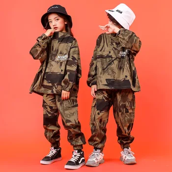 Vaikų Hip-Hop Šokio Kostiumai Mergaitėms Berniukai Kamufliažas Paltai Šalies Etapo Komplektus Pramoginių Šokių Drabužių Dancewear LJ