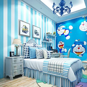 Viduržemio jūros mėlyna tapetai ne austi miegamojo, vaikų kambario Doraemon jingle kačių temą, mėlyna vertikali juostele tapetai