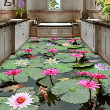Virtuvė, Vonios kambarys PVC Lipni Vandeniui Grindų Freskomis Tapetai Kinų Stiliaus Lotus Lapų Karpis 3D Grindų Plytelių Papel De Parede