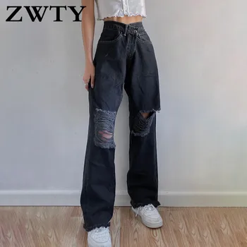 ZWTY Mados Skylių Aukšto Juosmens Moterų Džinsus 80's Vintage Streetwear Prarasti korėjos Kelnės Poilsiu Moterų Džinsinio audinio Kelnės