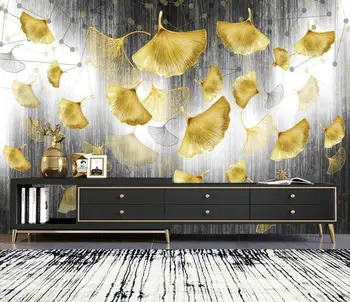 Šiaurės sienų tapetai, foto ginkmedžių lapų geometriniai šviesos prabangūs blizgučiai aukso fone sienų freskomis namų puošybai 3d tapetai