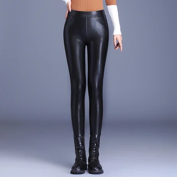 seksualus gyvatės odos pu odos kelnės elastinga aukštos juosmens kišenės dirbtiniais odos kelnės moterims Atsitiktinis Drožyba Streetwear Kelnės 2020 m.